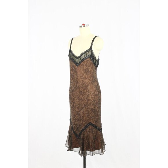 Vintage LAUNDRY BY SHELLI SEGAL Brown Lace Print Silk Beaded Slip Dress, Size 10 - Picture 4 of 12